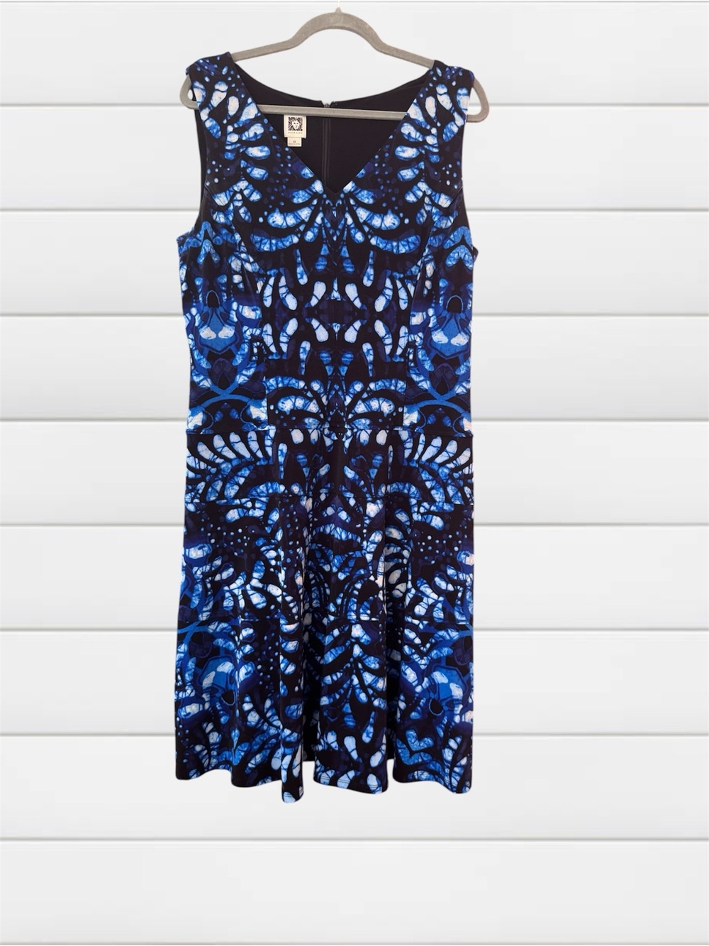 Anne Klein Blue Black Abstract Fit & Flare Dress Size 14 Stretch Sleeveless